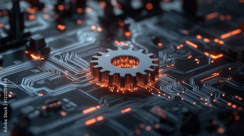 Aufkleber abstract image of a metallic gear surrounded by circuitry and glowing lights representing technology