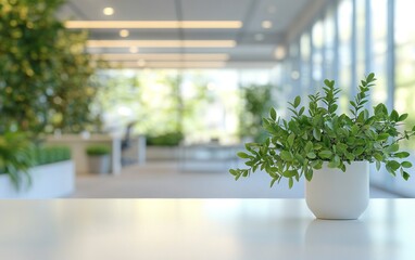 Blurred office interior background with a white table for product display montage, a blurred modern with generative ai
