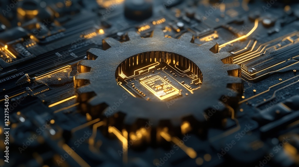 Poster intricate golden gear overlaid on high-tech circuit board with glowing components showcasing modern 