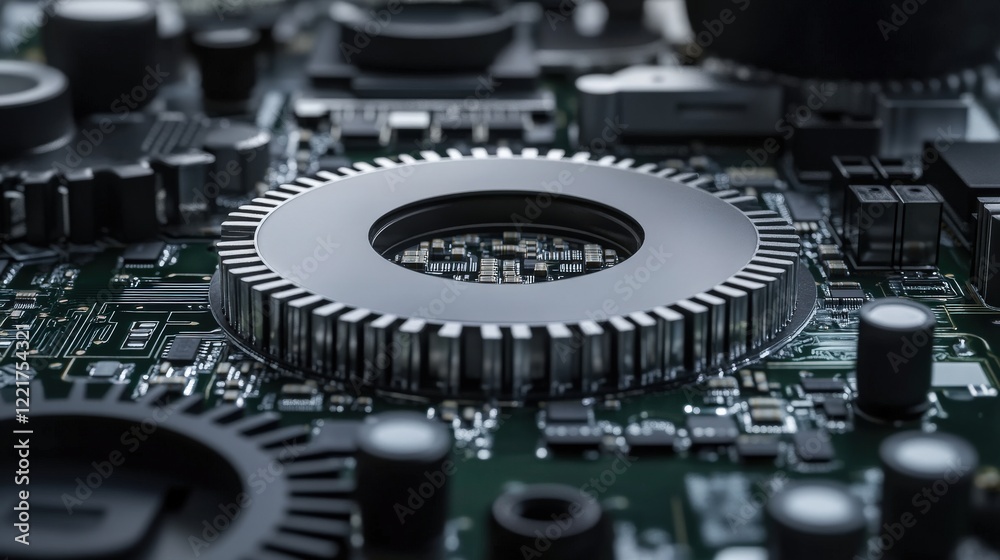 Aufkleber close-up view of a high-tech circuit board featuring detailed components and geometric shapes for mo