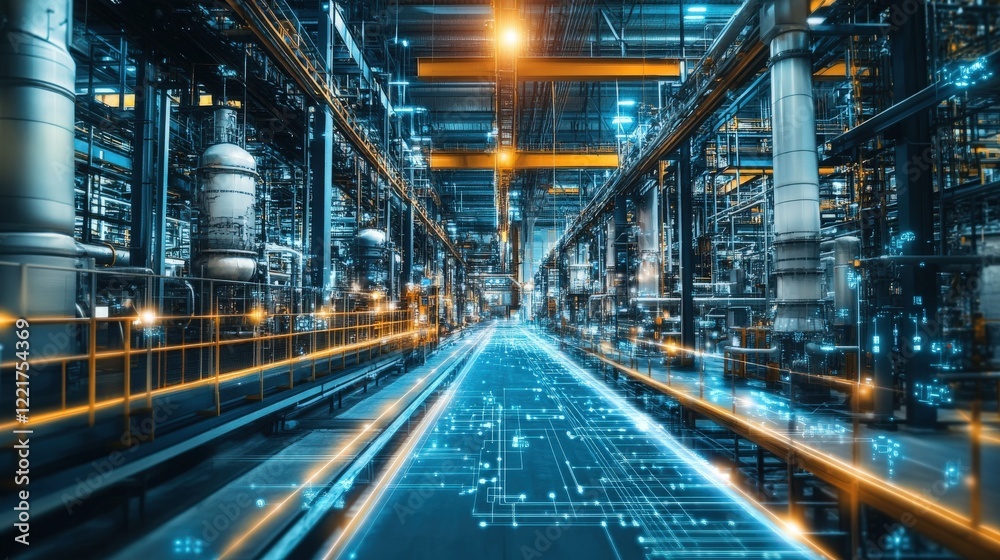 Poster Futuristic Industrial Facility with Digital Transformation Elements Showcasing Advanced Technology Integration and Automation in a Modern Manufacturing Environment