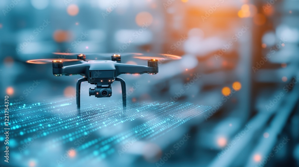 Poster High-Tech Drone in Motion Over Digital Data Stream with Blurred Industrial Background Showcasing Advanced Technology and Innovation in Aerial Photography