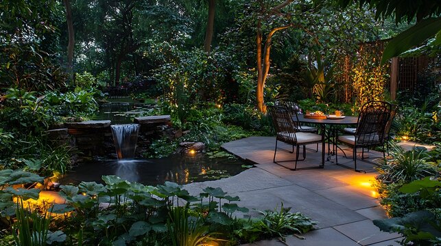 A Victorian garden with wrought-iron furniture, updated with a sleek water feature and LED path lighting