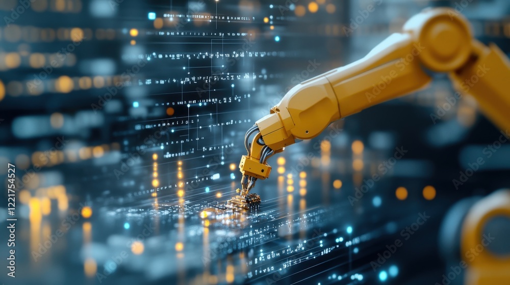 Poster Robotic Arm Interacting with Digital Circuitry and Data Streams in a High-Tech Environment Representing Advanced Automation and Future Technology Concepts