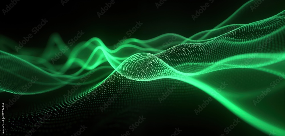 Poster dynamic abstract design with vibrant green neon lines creating intricate patterns on dark backdrop. 