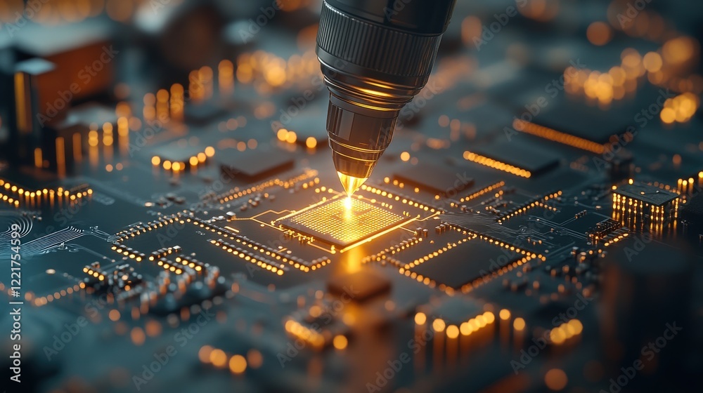 Poster Close-up View of a Hand Holding a Precision Tool Over a Computer Circuit Board with Glowing Components and Intricate Details Emphasizing Technology and Innovation