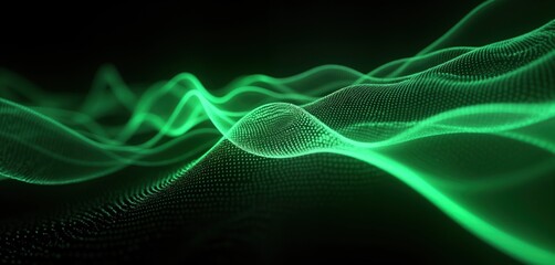 Dynamic abstract design with vibrant green neon lines creating intricate patterns on dark backdrop. Futuristic, sleek visual effect suggests high tech science fiction themes. Intricate wave shapes,