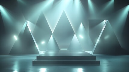 A transparent podium surrounded by floating geometric shapes, with soft glowing lights illuminating the space for a futuristic product showcase