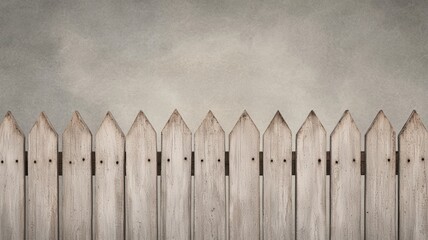 Fototapeta premium Rustic Weathered Wooden Picket Fence Against Grey Background Rural Countryside Texture