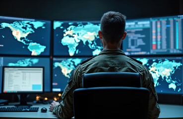Soldier in command center monitors global operations. In front of multiple large screens displaying world maps, complex data. Advanced tech, network of sensors provide real-time information. Soldier