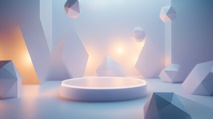 A transparent podium surrounded by floating geometric shapes, with soft glowing lights illuminating the space for a futuristic product showcase