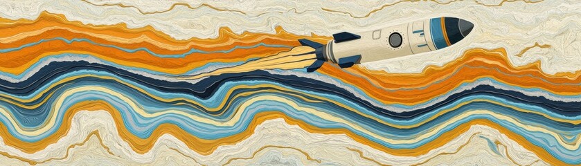 Retro Rocket Soaring Through Abstract Swirling Colorful Marble Texture