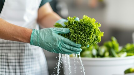 Sanitation and prevention for food safety. Washing fresh greens in a kitchen setting with gloved hands.