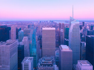 Obraz premium Cityscape sunset view, skyscrapers, urban scene, aerial