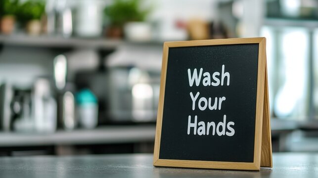 Sanitation and prevention for food safety. Chalkboard sign urging handwashing in a kitchen setting.