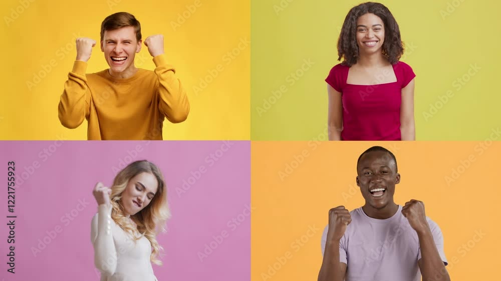 Poster four individuals display joy and enthusiasm with smiling faces and celebratory gestures. each person