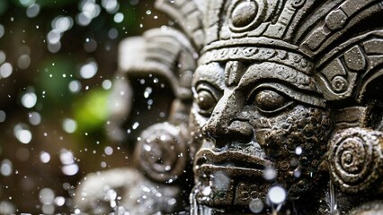 Fototapeta premium Mayan God Fountain, Jungle, Water Splashes, Tropical Garden. Tourism Brochure