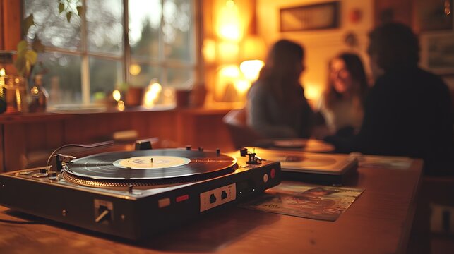 A family gathered around a record player, listening to vinyl records and sharing stories from the past