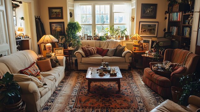 A retirement party in a cozy living room, featuring a mix of vintage decor and modern gifts