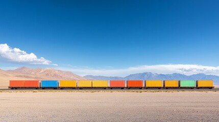 Obraz premium Vibrant Cargo Containers on a Freight Train against a Clear Blue Sky and Mountain Landscape in a Remote Location