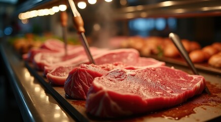 Arafed steaks on a tray with a knife in the middle