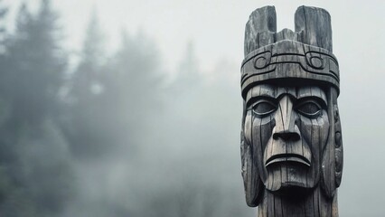 Carved wooden totem, misty forest background.  Native art, nature heritage, cultural symbol