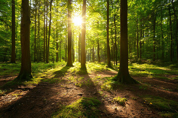 Obraz premium Sunlight filtering through lush green trees in a tranquil forest, creating a serene atmosphere