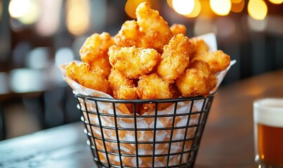 Crispy fried cheese curds in basket on bar counter with blurred beer glass in background