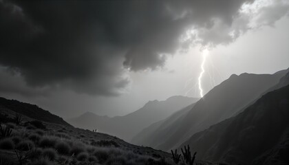 Stormy mountain landscape. Dramatic lightning strikes over rugged mountain range. Hilly terrain with sparse vegetation. Silhouette of people figures on hillside. Severe weather. Vintage monochrome