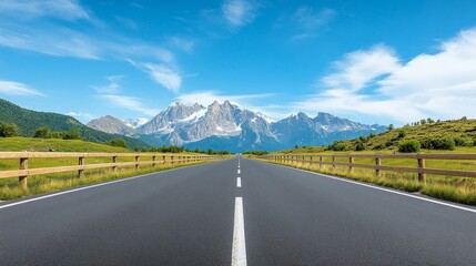 Naklejka premium Expansive Open Road Leading Towards Majestic Snow-Capped Mountains Under a Clear Blue Sky Surrounded by Lush Green Fields and Scenic Landscape