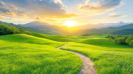 Fototapeta premium Serene sunrise over rolling hills and green landscape