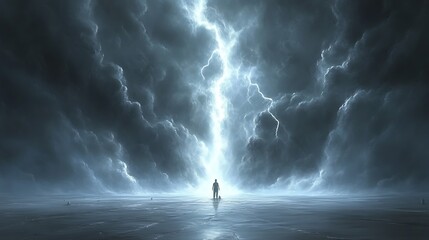 Lone Figure Facing Epic Lightning Storm Landscape