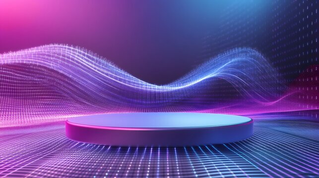 A podium with smooth curves on a high-tech grid platform, with digital data streams floating in the background for a futuristic, techy atmosphere