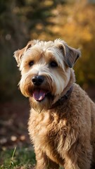 Cute fluffy dog posing in a natural outdoor setting during autumn with colorful foliage. Generative AI