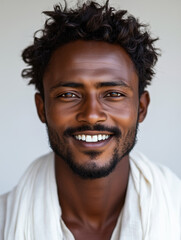 Obraz premium Radiant Smile: Portrait of a young man with a warm, genuine smile, showcasing his rich complexion and textured hair. His joyful expression is captivating.