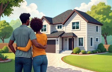 Happy African American couple hugs in front of new house. Look lovingly at house. Couple stands outside on sunny day. Homeownership joyful experience. Proud owners of new home.