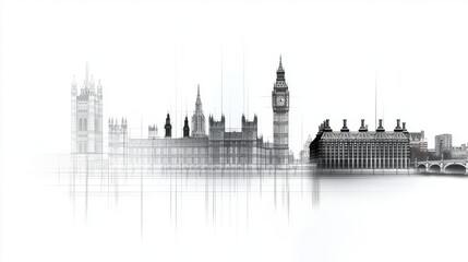 Naklejka premium High Fidelity Sketch of Big Ben and the Houses of Parliament in Crosshatch Style