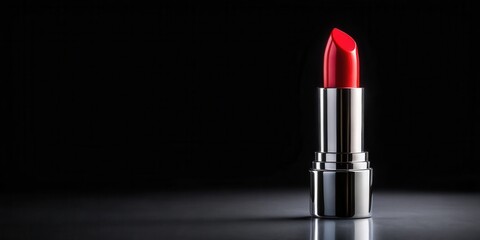 A single red lipstick with a subtle shine , lip gloss, black background,  lip gloss