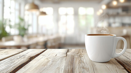 Steaming coffee cup on rustic wooden table in blurred cafe background.