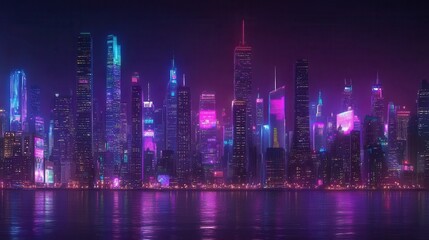 Fototapeta premium Neon City Skyline Reflecting in Calm Water at Night