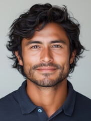 Fototapeta premium Smiling Man Portrait: A close-up portrait of a man with dark, curly hair and a warm, inviting smile. His expressive eyes and gentle features convey a sense of confidence and approachability.