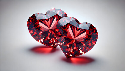 Two Sparkling Heart-Shaped Crystals with Intricate Facets Reflecting Light in Deep Red Hues on a Gradient Background