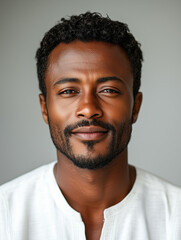 Obraz premium Confident Gaze: A close-up portrait of a handsome man with a warm, confident gaze and a hint of a smile, radiating a sense of strength, charisma, and approachable personality.