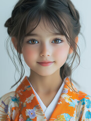Adorable Child in Kimono: A captivating portrait of a young girl, her expressive eyes and gentle smile shining through. She is elegantly dressed in a vibrant orange kimono.