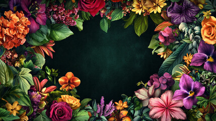 Art Deco Floral Border with various flowers, Classic wedding card with a border of camellias and gold scrollwork and beautiful and luxury various flowers, Artistic floral border with texture.