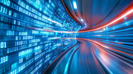 Dynamic digital landscape with flowing binary data streams