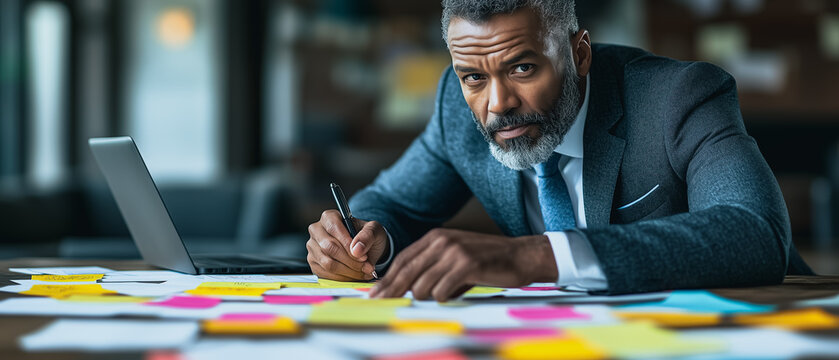 The Strategist: A determined businessman meticulously strategizes, meticulously working through a sea of colorful notes and sticky notes.