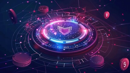 Obraz premium Abstract isometric Hologram banner of poker cards with icons and text, AI generated image