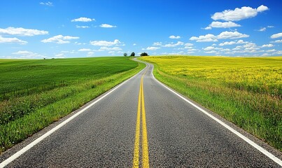 Fototapeta premium Empty asphalt road through colorful fields under blue sky