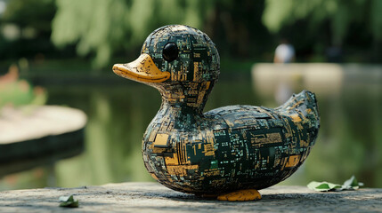 A rubber duck made of bright glowing orange programming code DB database analytics engine data LLM concept illustration